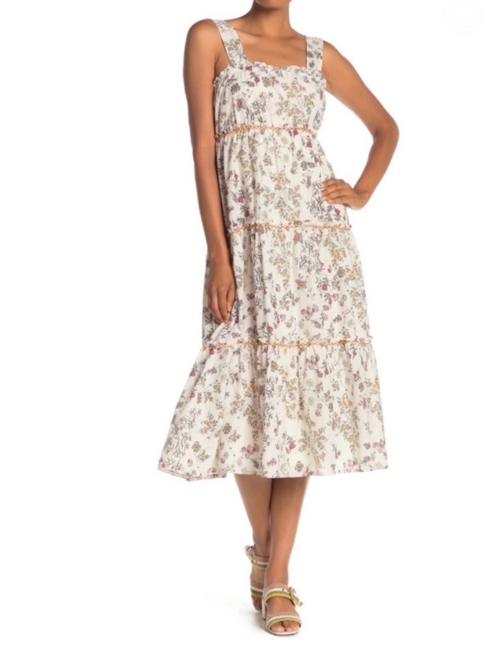 Max Studio Cream Floral Tiered Midi Dress with Pink & Green Buds